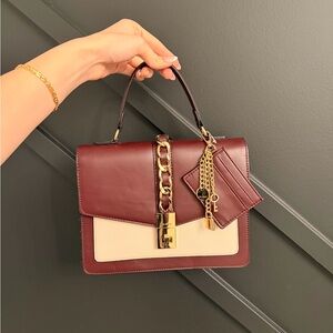 Aldo Two-Tone Top-Handle Satchel in Burgundy and Cream